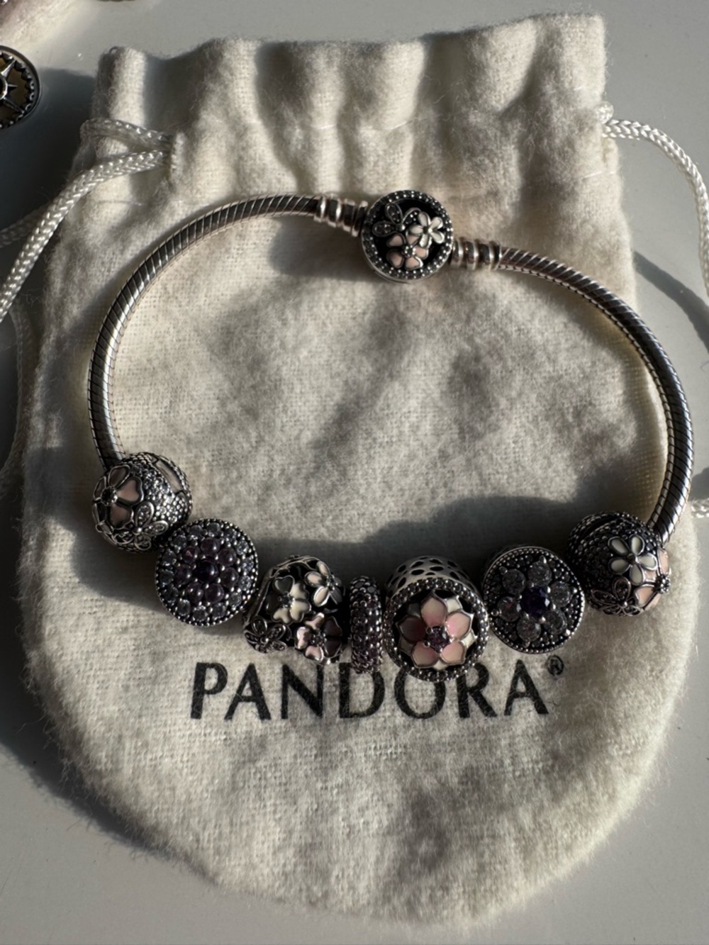 Pandora Silver Charm Bracelet with Pink Flower and Purple Rhinestone Accents